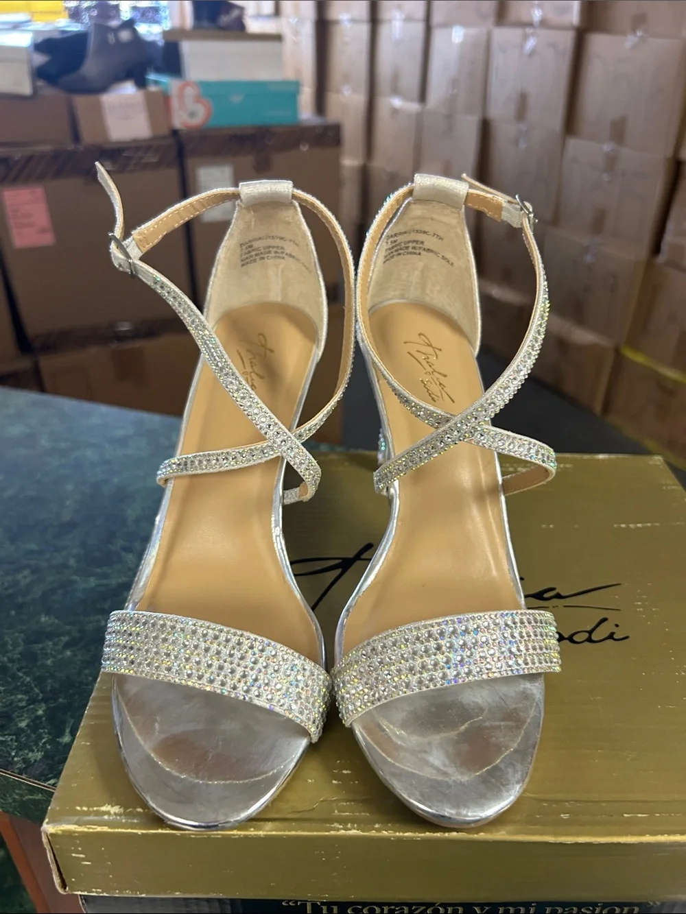 Thalia Sodi Silver Crystal Strappy Heels